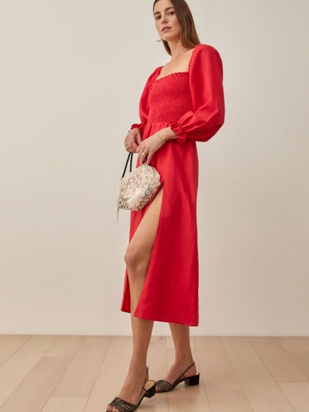 Reformation Gitane Linen Midi Dress Cherry Red Smocked Puff Sleeve NWT | Size S